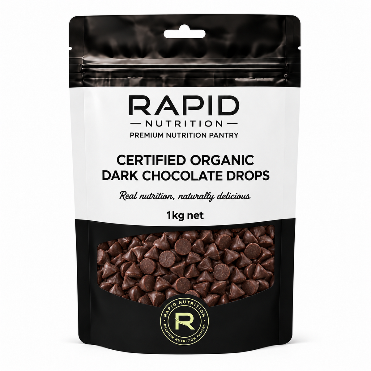 Organic Dark Chocolate Drops - 1 kg - Rapid Nutrition Pantry pouch