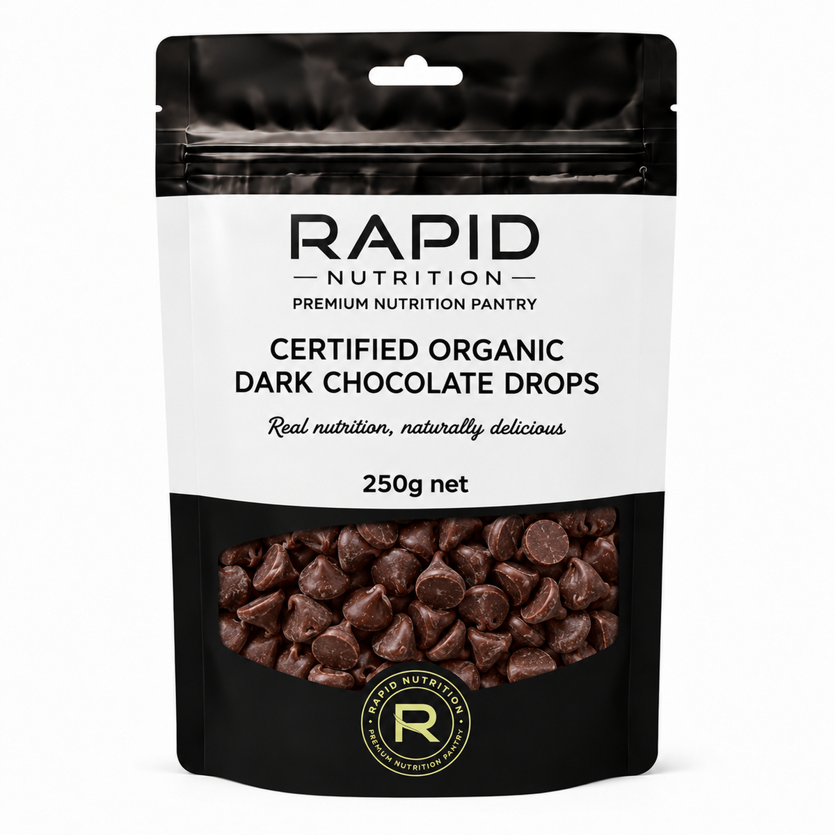 Organic Dark Chocolate Drops - 250 g - Rapid Nutrition Pantry pouch