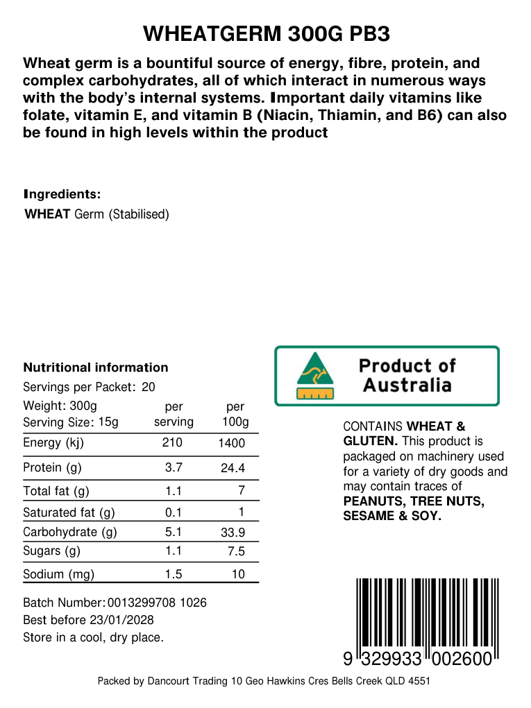 Original product back label for Wheatgerm 300g, SKU 9329933002600