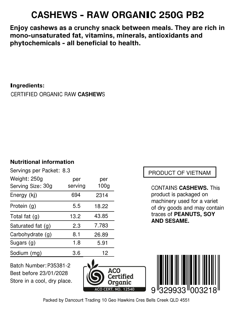 Original product back label for Organic raw cashews 250g, SKU 9329933003218