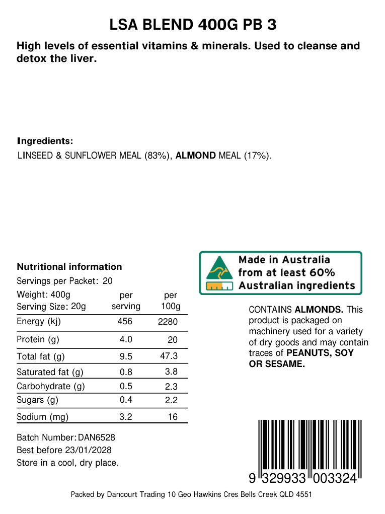 Original product back label, barcode 9329933003324