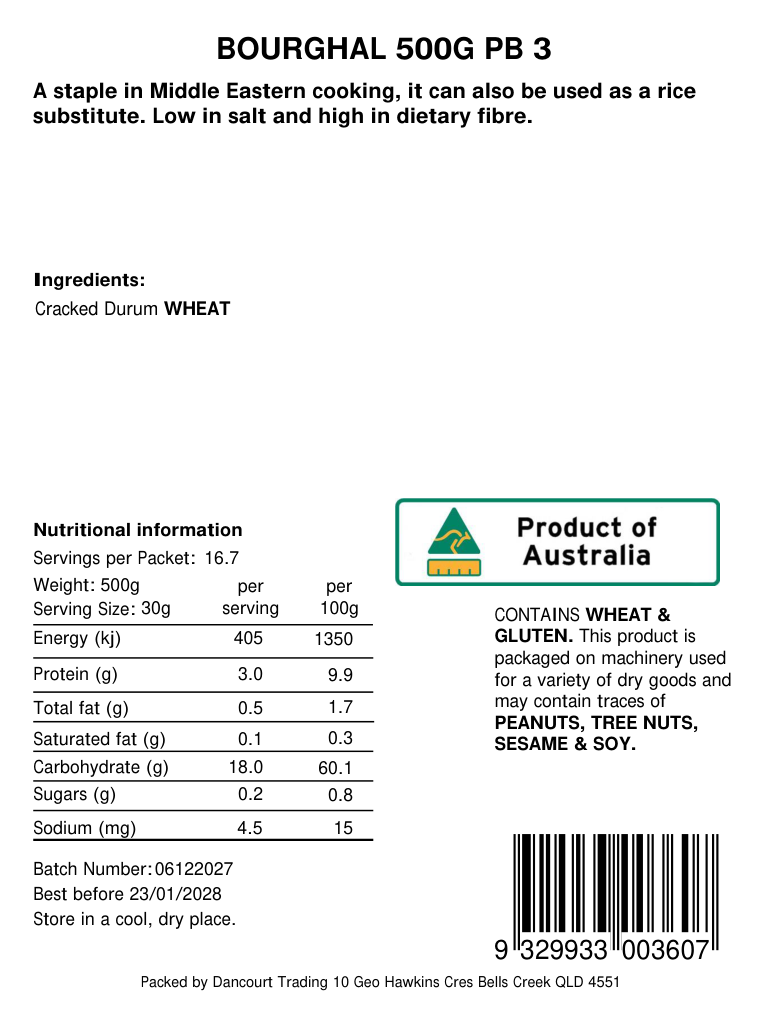 Original product back label for Bourghal 500g, SKU 9329933003607