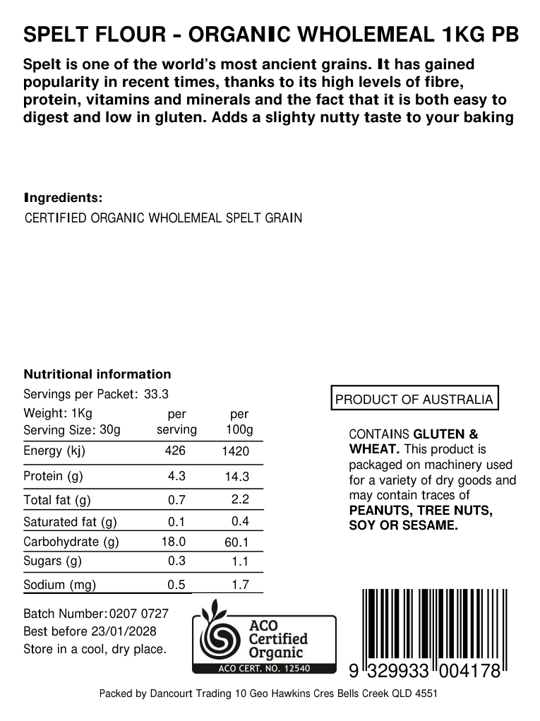 Original product back label for Organic wholemeal spelt flour 1kg, SKU 9329933004178