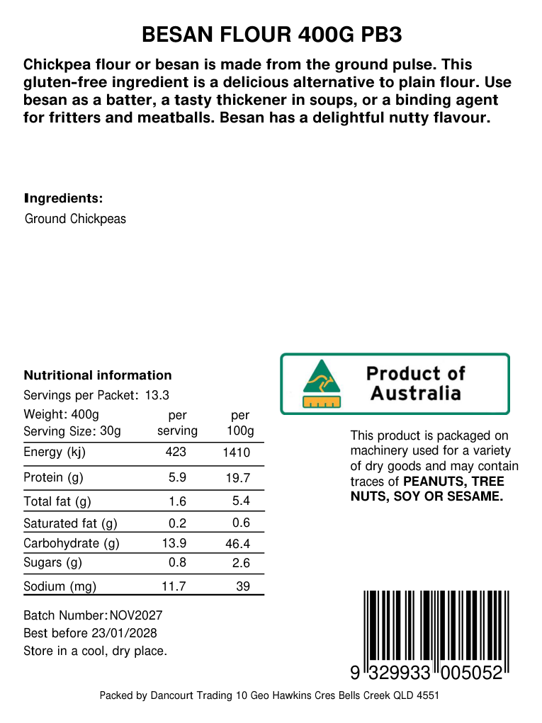 Original product back label for Besan flour 400g, SKU 9329933005052