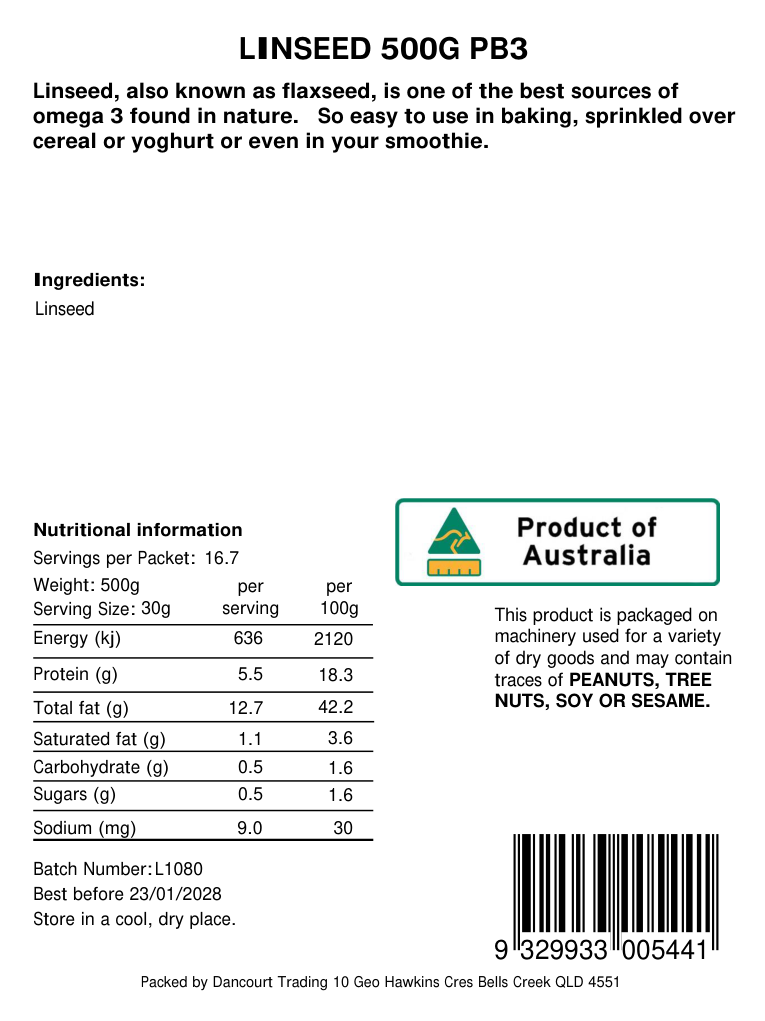 Original product back label for Linseed 500g, SKU 9329933005441