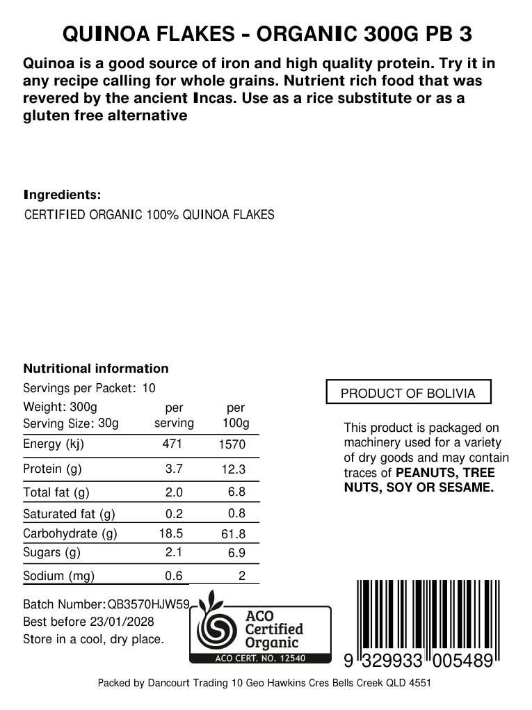 Original product back label, barcode 9329933005489