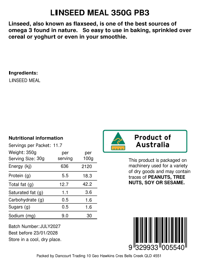 Original product back label, barcode 9329933005540