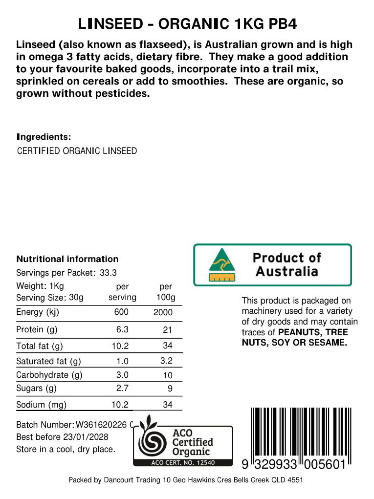 Original product back label for Organic linseed 1kg, SKU 9329933005601