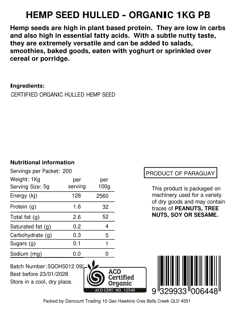 Original product back label for Hulled hemp seeds 1kg, SKU 9329933006448
