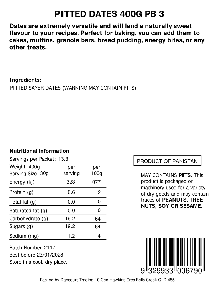 Original product back label for Pitted dates 400g, SKU 9329933006790