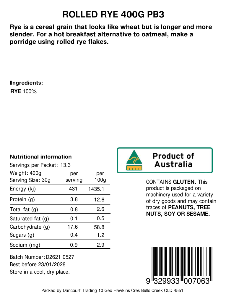 Original product back label for Rolled rye 400g, SKU 9329933007063
