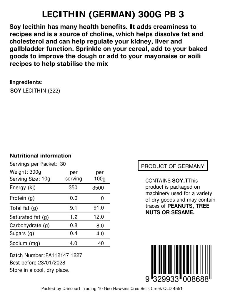 Original product back label, barcode 9329933008688