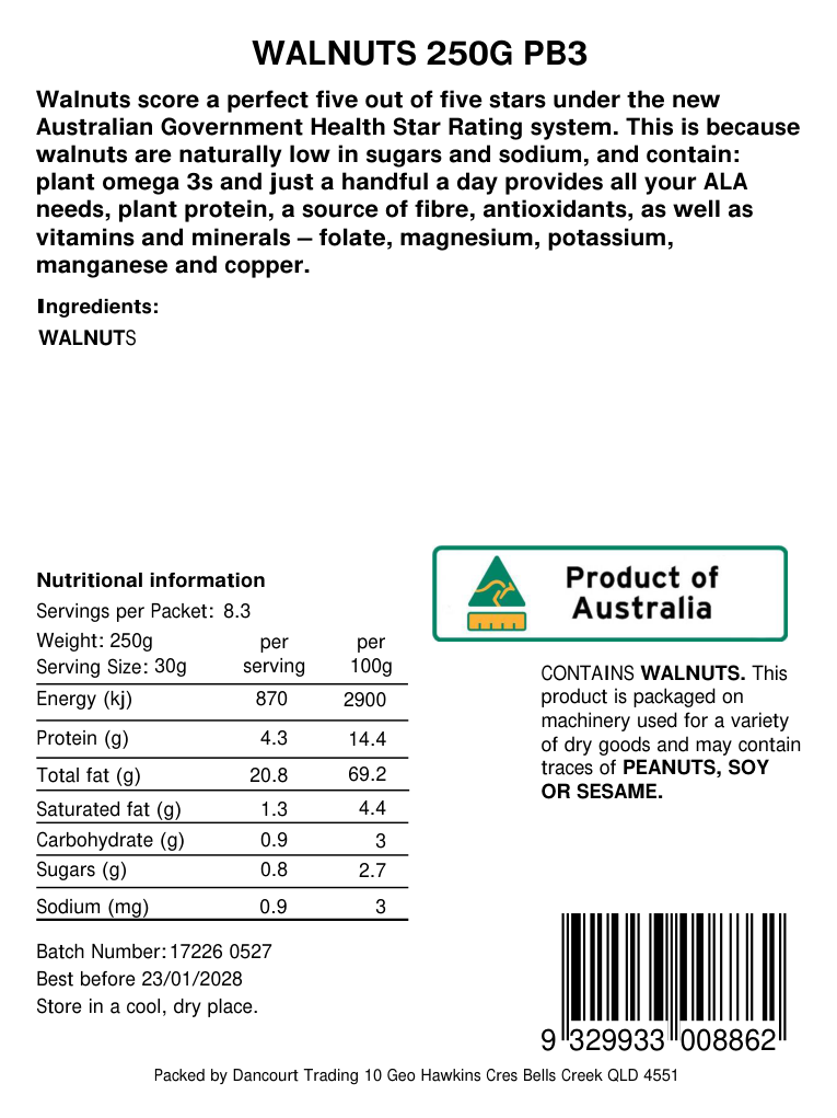 Original product back label, barcode 9329933008862