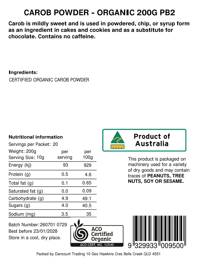 Original product back label, barcode 9329933009500
