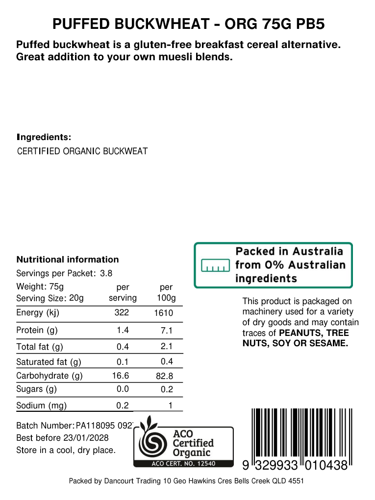 Original product back label, barcode 9329933010438