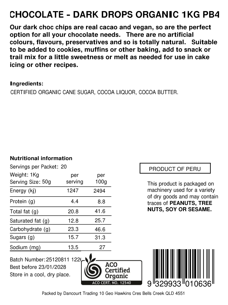 Original product back label, barcode 9329933010636
