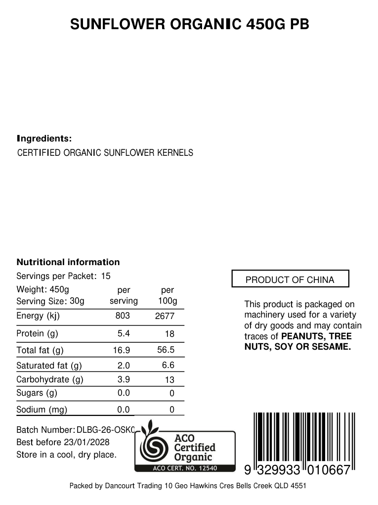 Original product back label for Organic sunflower kernels 450g, SKU 9329933010667