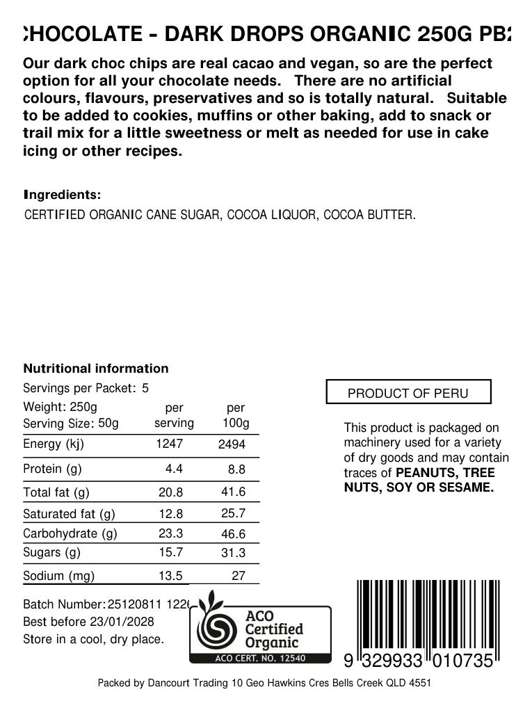 Original product back label, barcode 9329933010735