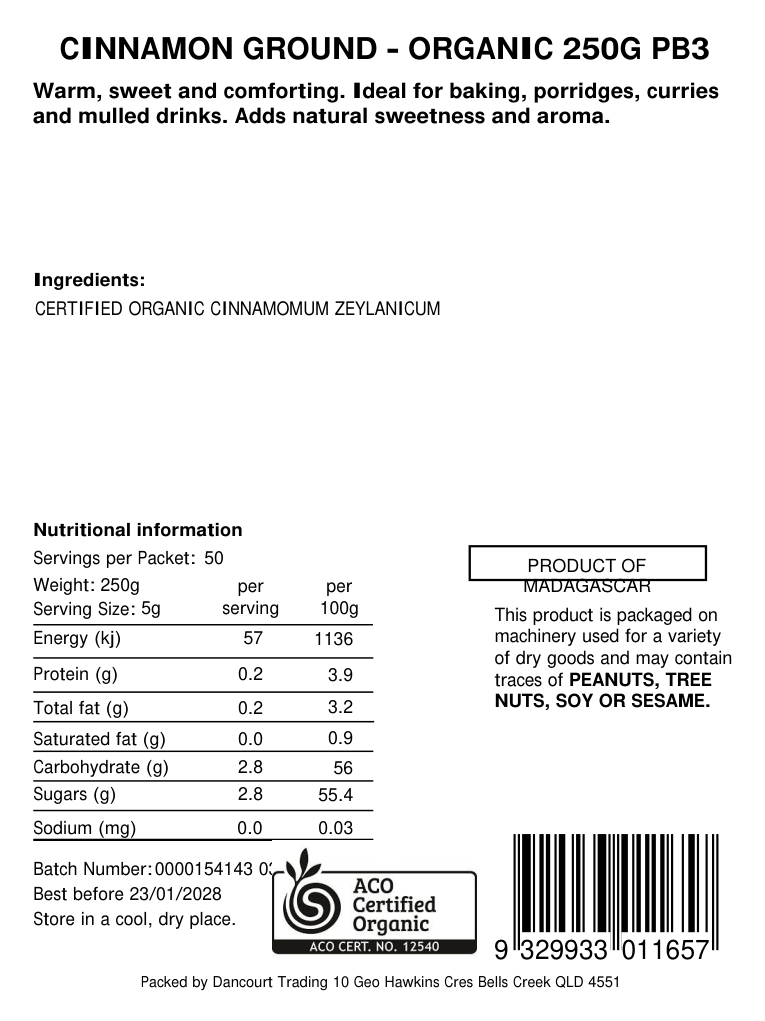 Original product back label, barcode 9329933011657