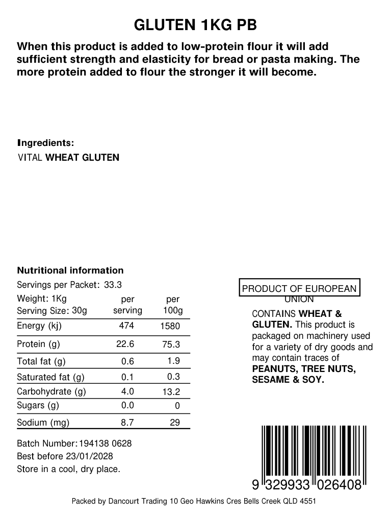 Original product back label for Gluten 1kg, SKU 9329933026408