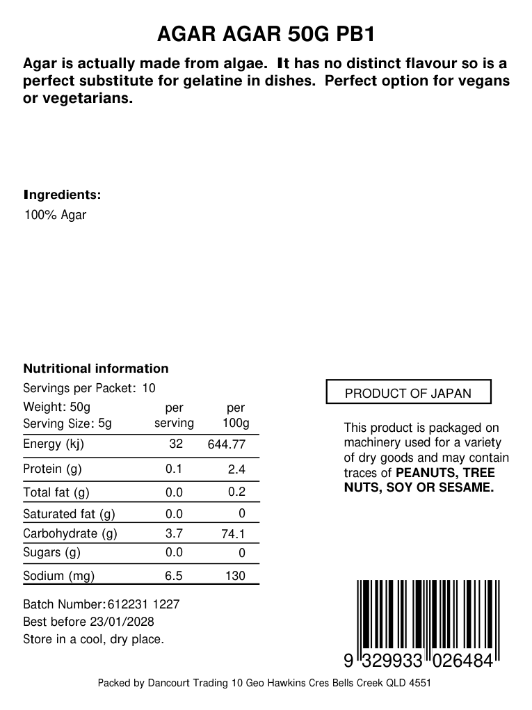 Original product back label, barcode 9329933026484