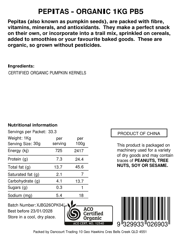 Original product back label for Organic pepitas 1kg, SKU 9329933026903