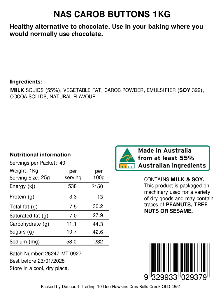 Original product back label for No-added-sugar carob buttons 1kg, SKU 9329933029379